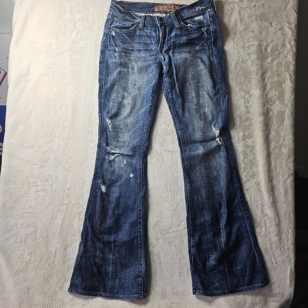 Lucky brand Jeans legend flare 4 27W distressed dark denim belt detail 70s Disco